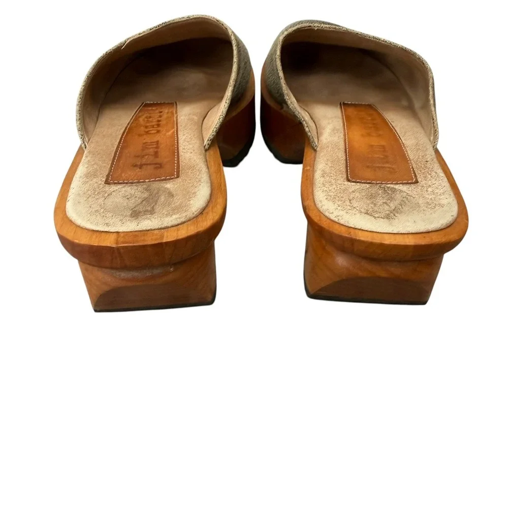 Jim Barnier Wooden Heel Clog Platform mules Tan Brown Distress Leather Size 6